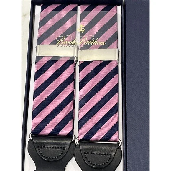 Brooks Brothers Pink Navy Diagonal Stripe Suspenders Braces Silk Leather Silver